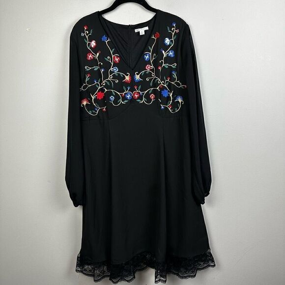 Women’s boho embroidered black chiffon fit flare cocktail plus size 16 dress - Picture 1 of 10